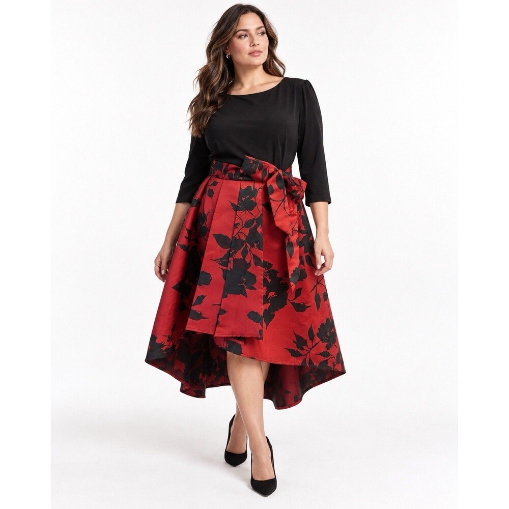 Chetta B Red Black Floral Asymmetrical Cocktail Dress 16P NWT Holiday